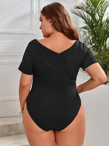 SHEIN Privé Plus Asymmetrical Neck Ribbed Knit Bodysuit - Black - View 2