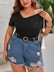 SHEIN Privé Plus Asymmetrical Neck Ribbed Knit Bodysuit - Black - View 5