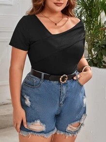 SHEIN Privé Plus Asymmetrical Neck Ribbed Knit Bodysuit - Black - View 6