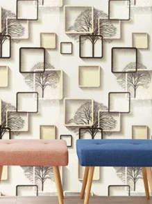 1pc PVC Wall Paper, Modern Grid & Tree Pattern Wall Adhesive Roll For Home Decor