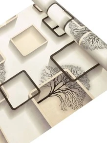 1pc PVC Wall Paper, Modern Grid & Tree Pattern Wall Adhesive Roll For Home Decor