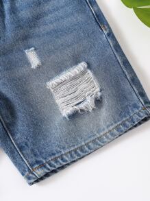 Toddler Boys Ripped Straight Leg Denim Shorts - Medium Wash - View 5