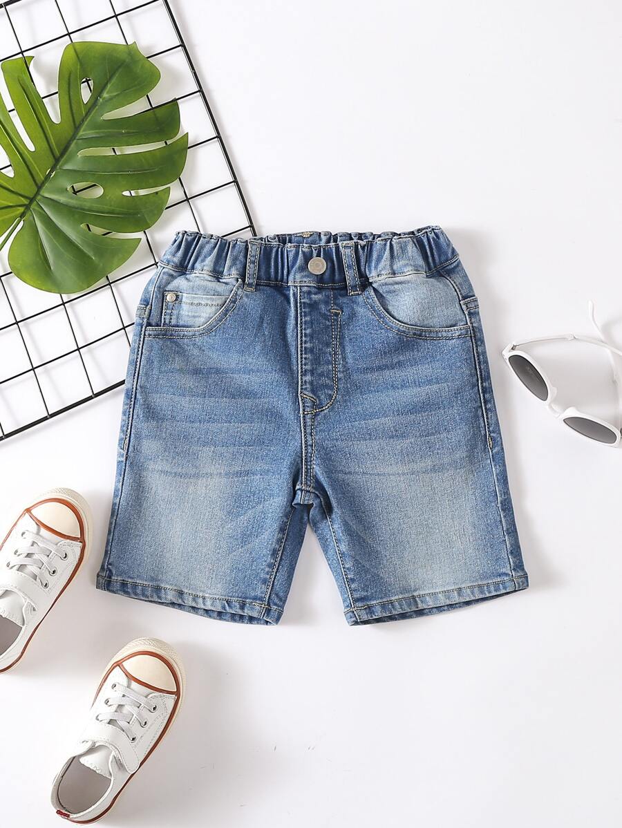 Toddler Boy Quần Shorts Denim Nút Túi Denim mùa giặt màu trơn - Rửa nhẹ - Xem 1