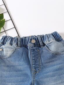 Toddler Boy Quần Shorts Denim Nút Túi Denim mùa giặt màu trơn - Rửa nhẹ - Xem 3