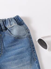 Toddler Boy Quần Shorts Denim Nút Túi Denim mùa giặt màu trơn - Rửa nhẹ - Xem 4