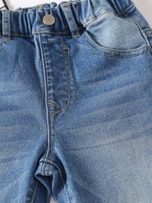 Toddler Boy Quần Shorts Denim Nút Túi Denim mùa giặt màu trơn - Rửa nhẹ - Xem 5