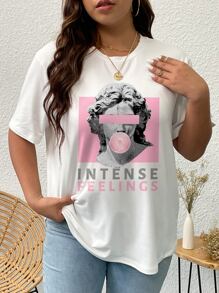 SHEIN LUNE Áo thun Plus size Lá thư Con số Giải trí - trắng - Xem 3