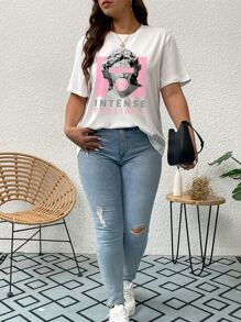 SHEIN LUNE Áo thun Plus size Lá thư Con số Giải trí - trắng - Xem 5