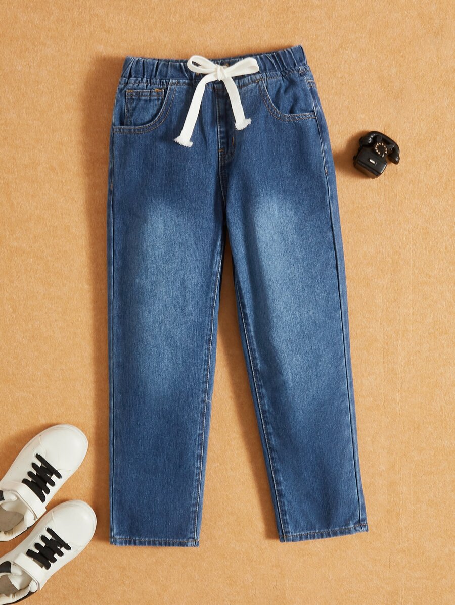 SHEIN Chicos Jeans de pierna recta de cintura con cordón - Azul lavado oscuro - Ver 1