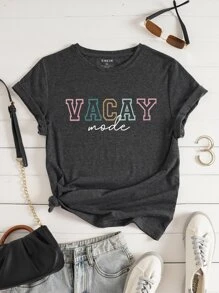 SHEIN Essnce Letter Graphic Tee - Dark Grey - View 1