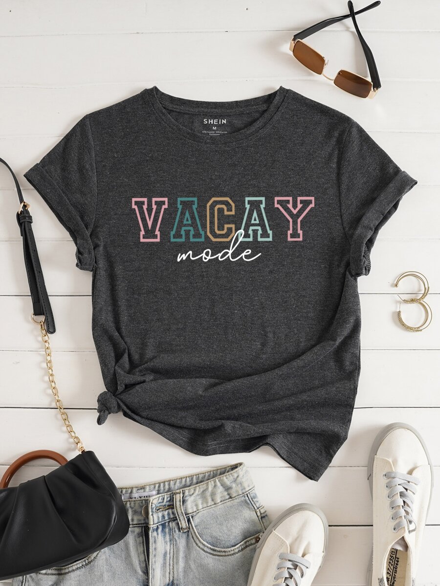 SHEIN Essnce Letter Graphic Tee - Dark Grey - View 1