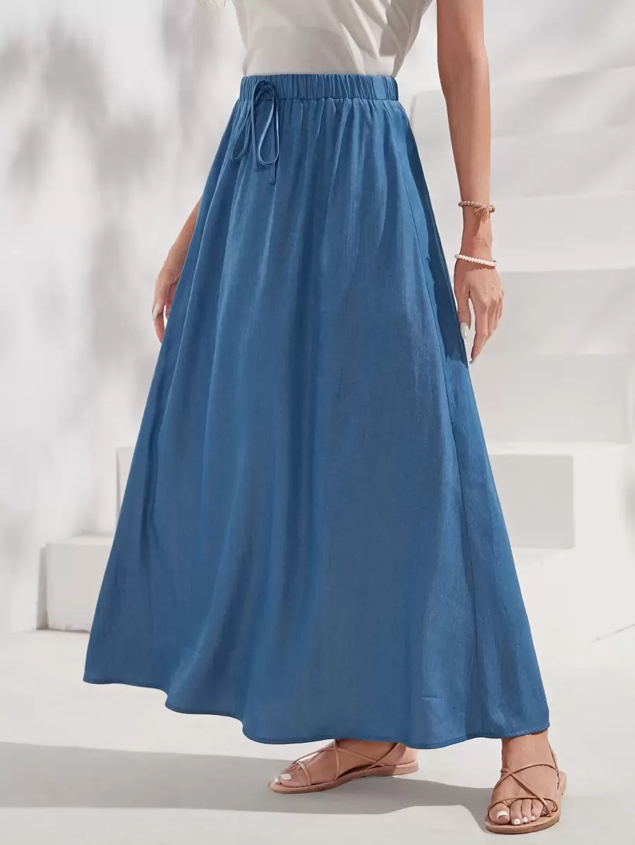 EMERY ROSE Solid Drawstring Waist Skirt Maxi Skirt - Blue - View 1