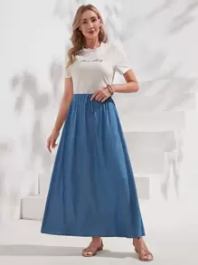 EMERY ROSE Solid Drawstring Waist Skirt Maxi Skirt - Blue - View 3