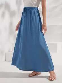 EMERY ROSE Solid Drawstring Waist Skirt Maxi Skirt - Blue - View 4