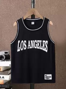 SHEIN 男孩字母圖案貼布細節拼接邊背心上衣 - 黑色 - 查看 1