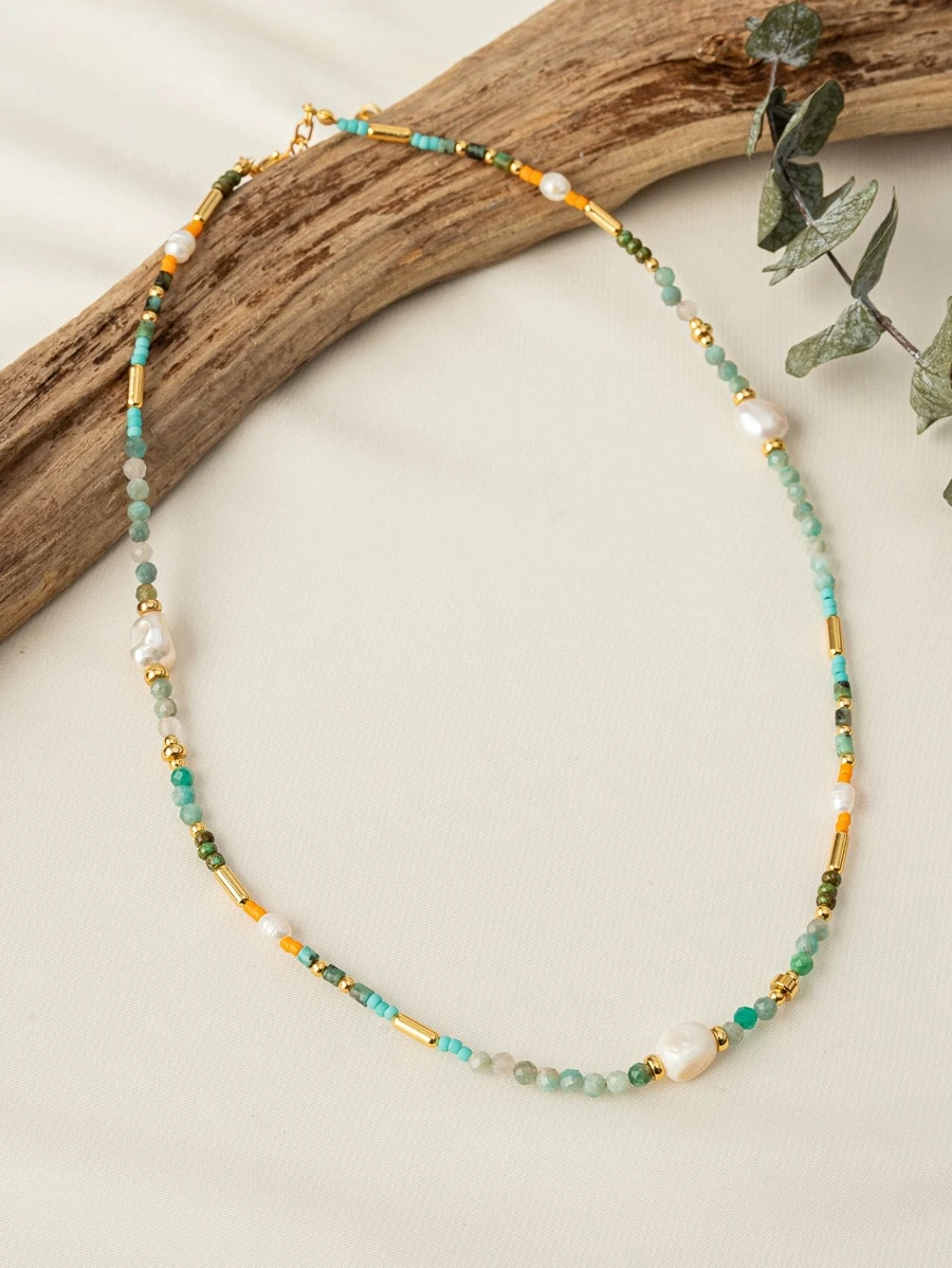 人造珍珠裝飾串珠項鏈 - 彩色 - 查看 1