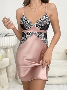 蕾絲拼接色丁吊帶裙 - 淺粉色 - 查看 1