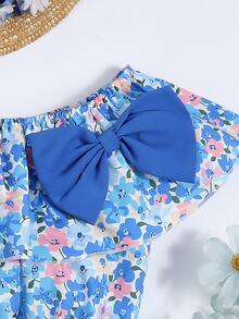 Girls Floral Print Ruffle Trim Bow Front Top & Belted Shorts - Blue - View 3