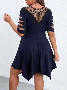 SHEIN Clasi Plus Floral Embroidery Cut Out Dress - Navy Blue - View 2