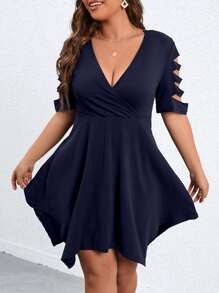 SHEIN Clasi Plus Floral Embroidery Cut Out Dress - Navy Blue - View 4