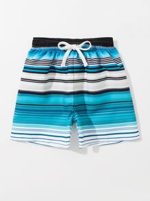 Young Boy Striped Drawstring Waist Swim Shorts - Multicolor - View 3