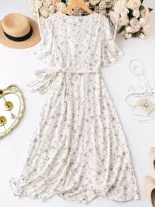 SHEIN Clasi 女士加大碎花印花荷叶边袖连衣裙，夏季服装