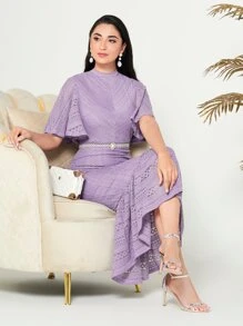 Modelyn 小高領蝴蝶袖荷葉邊洋裝不附腰帶 - 紫丁香色 - 查看 1