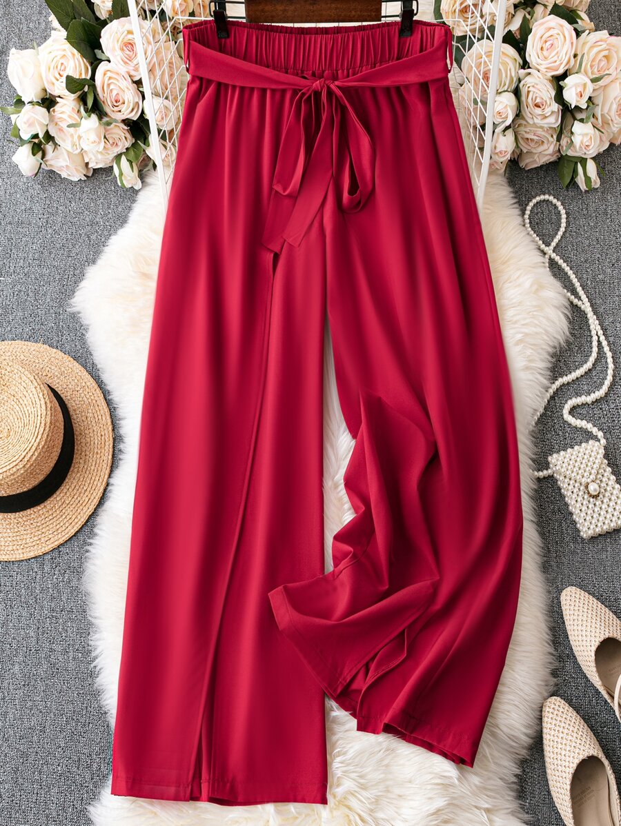 SHEIN LUNE Plus Belted Wide Leg Trousers - Burgundy - View 1