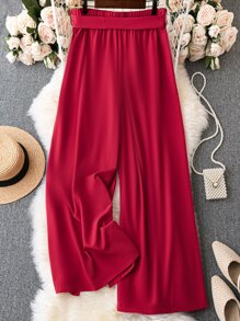 SHEIN LUNE Plus Belted Wide Leg Trousers - Burgundy - View 2