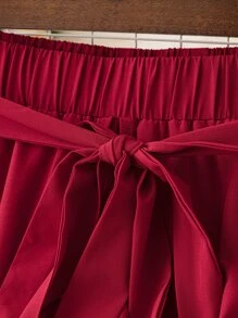 SHEIN LUNE Plus Belted Wide Leg Trousers - Burgundy - View 4