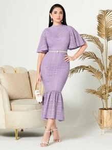 Modelyn 小高領蝴蝶袖荷葉邊洋裝不附腰帶 - 紫丁香色 - 查看 3