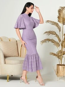 Modelyn 小高領蝴蝶袖荷葉邊洋裝不附腰帶 - 紫丁香色 - 查看 4