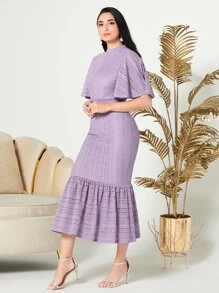 Modelyn 小高領蝴蝶袖荷葉邊洋裝不附腰帶 - 紫丁香色 - 查看 5