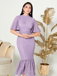 Modelyn 小高領蝴蝶袖荷葉邊洋裝不附腰帶 - 紫丁香色 - 查看 6