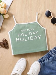 Girls Letter Graphic Contrast Binding Cami Top - Green - View 1
