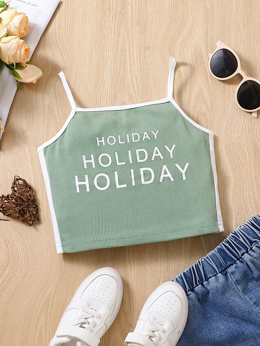 Girls Letter Graphic Contrast Binding Cami Top - Green - View 1