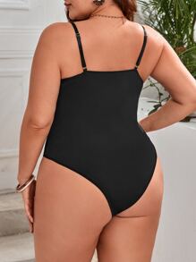 SHEIN Privé Plus Contrast Lace Mesh Insert Bustier Cami Bodysuit - Black - View 2