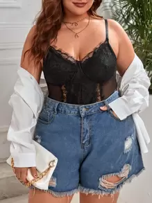 SHEIN Privé Plus Contrast Lace Mesh Insert Bustier Cami Bodysuit - Black - View 4