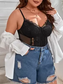 SHEIN Privé Plus Contrast Lace Mesh Insert Bustier Cami Bodysuit - Black - View 5