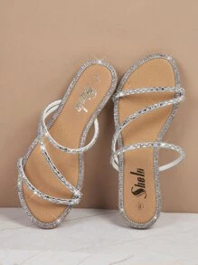 Slip On Rhinestone Flat Sandals - Silver - View 2