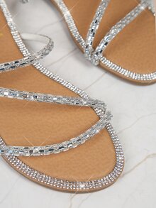 Slip On Rhinestone Flat Sandals - Silver - View 4