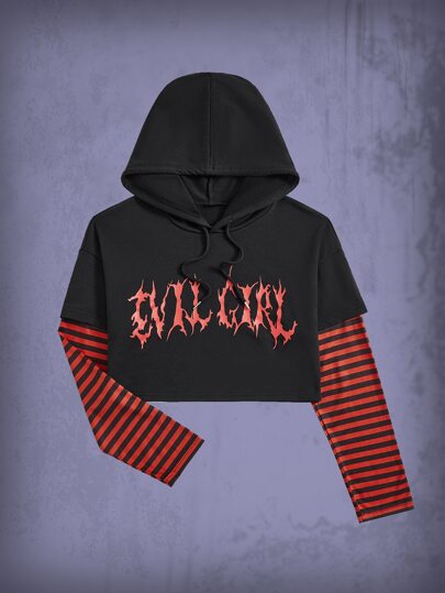 2 In 1 Striped Sleeve Letter Graphic Drawstring Hoodie