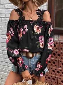 SHEIN Clasi Áo sơ mi nữ Tương phản ren Xù Hoa Boho - màu đen - Xem 1