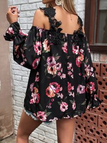 SHEIN Clasi Áo sơ mi nữ Tương phản ren Xù Hoa Boho - màu đen - Xem 2