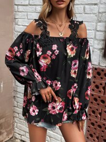 SHEIN Clasi Áo sơ mi nữ Tương phản ren Xù Hoa Boho - màu đen - Xem 5