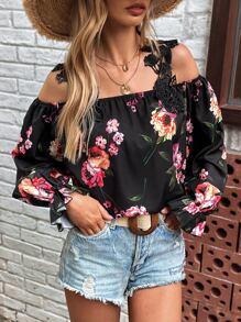 SHEIN Clasi Áo sơ mi nữ Tương phản ren Xù Hoa Boho - màu đen - Xem 6