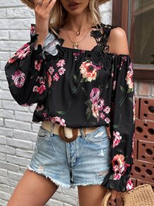 SHEIN Clasi Áo sơ mi nữ Tương phản ren Xù Hoa Boho - màu đen - Xem 7