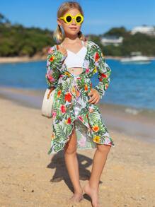 女孩熱帶圖案腰部抽繩和服罩衫