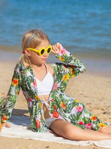 女孩熱帶圖案腰部抽繩和服罩衫