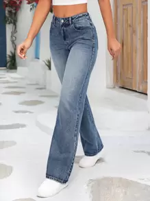 SHEIN Tall 斜口袋直筒牛仔褲 - 淺色水洗藍 - 查看 4